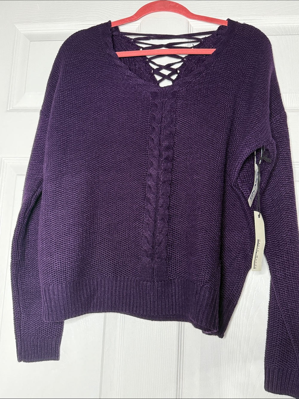 Haute Monde Deep Purple Cable Knit V-Neck Sweater with Lace-Up Back